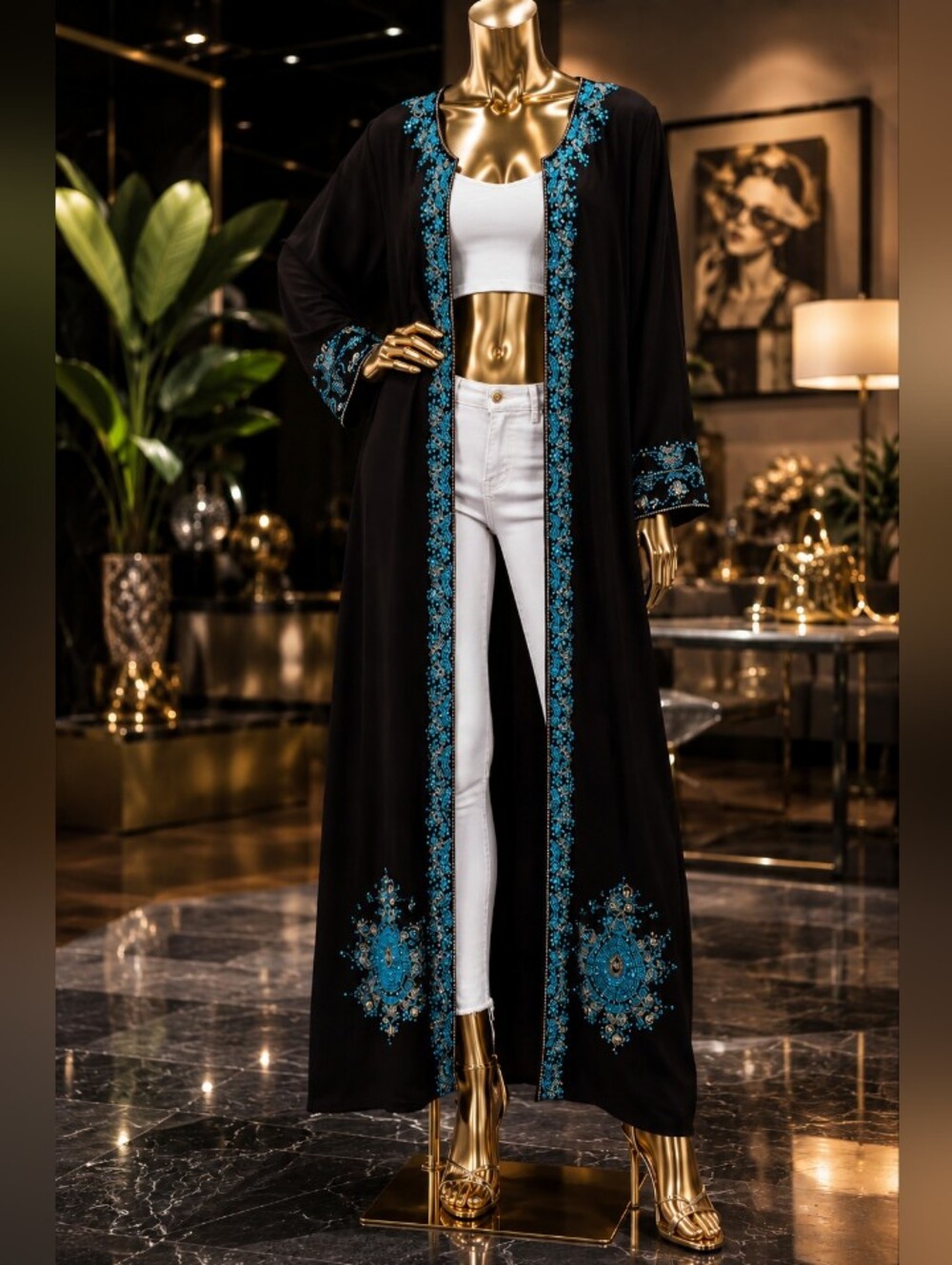 Black Maxi Open Duster with Teal Embroidery 🩵